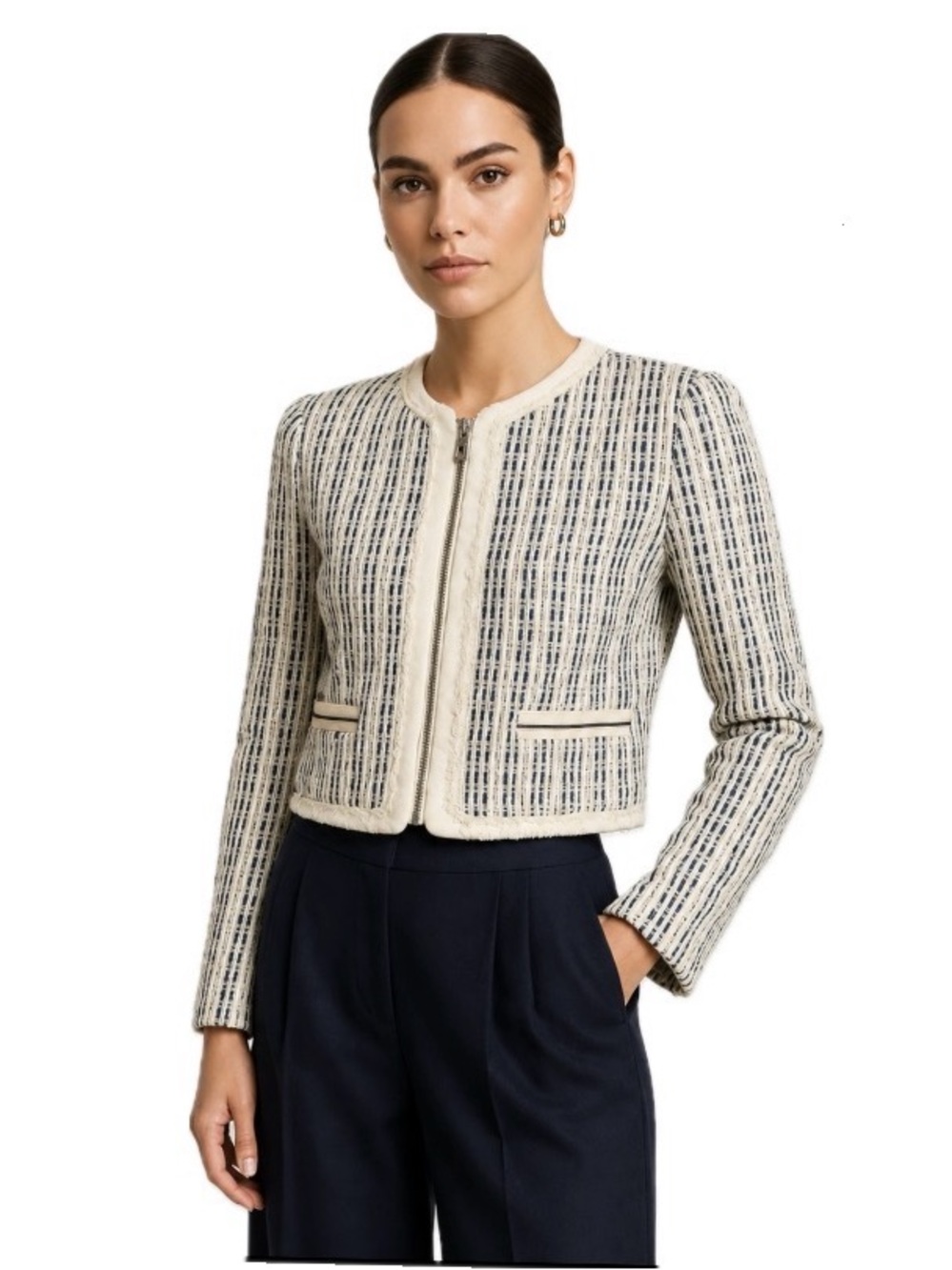 Adam Lippes, Textured Tweed Cropped Blazer Cream Navy Black Size 2